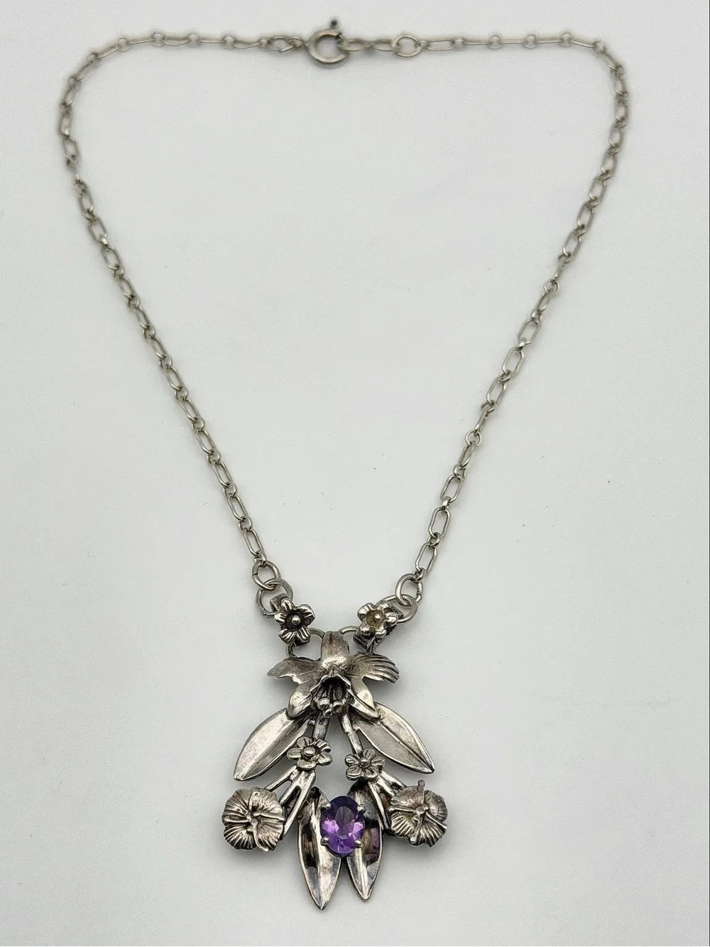 Vintage 925 Sterling Silver 1.25Ct Natural Amethyst Stone Orchid Floral Necklace